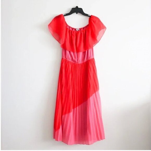 WDNY Pink And Red Colorblock Pleated Midi Dress off shoulders. Women’s (M) - Picture 1 of 6